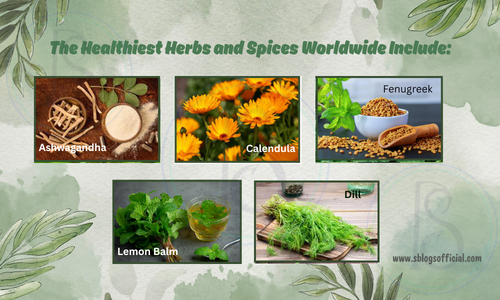 The healthiest herbs and spices are ashwagandha, calendula, fenugreek, lemon balm, and dill.