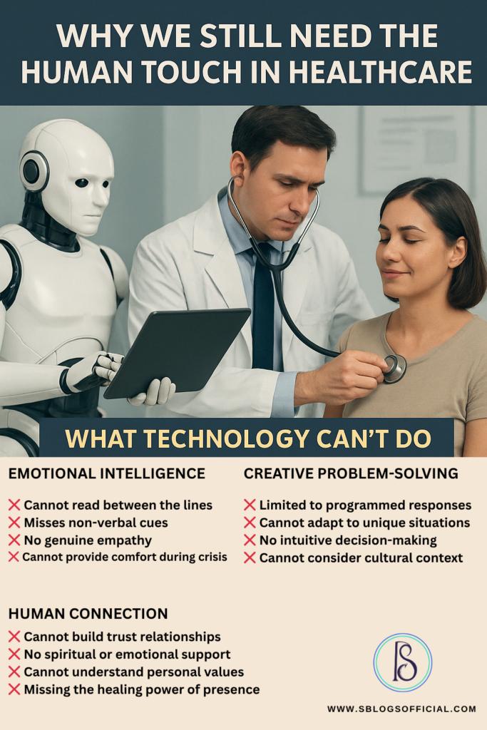 Why we still need the human touch in healthcare is explained in three points- technology can't have emotional intelligence, creative problem solving and human connections with patients.