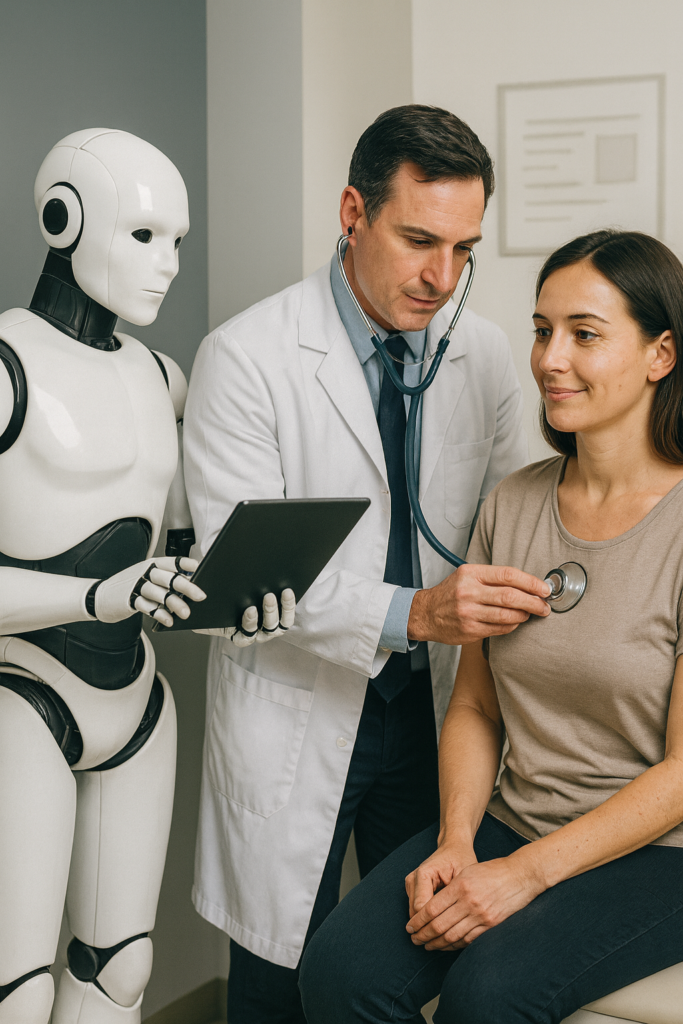 AI Technology and Patient Care where an ai is helping a doctor to take follow up with the patient.