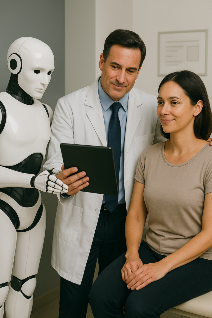 AI Technology and Patient Care where an ai is helping a doctor to take follow up with the patient.