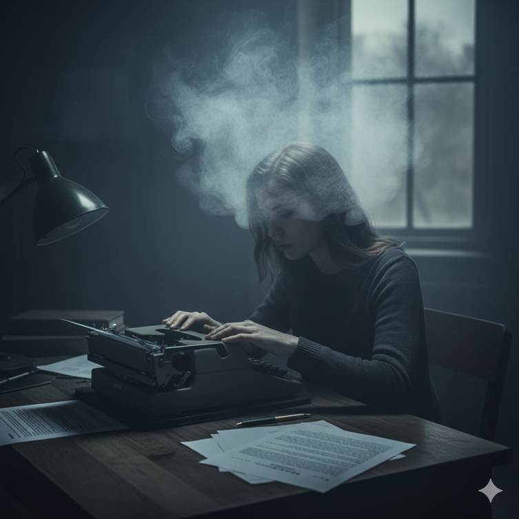 Depressed girl trying to work on her writing project 